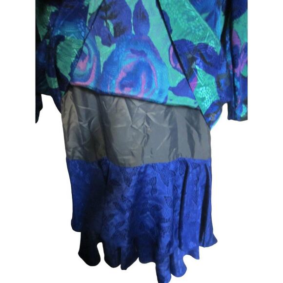 Vintage 80s Metallic Floral Party Dress Blue Green Plaza South Size 8 - Picture 5 of 8